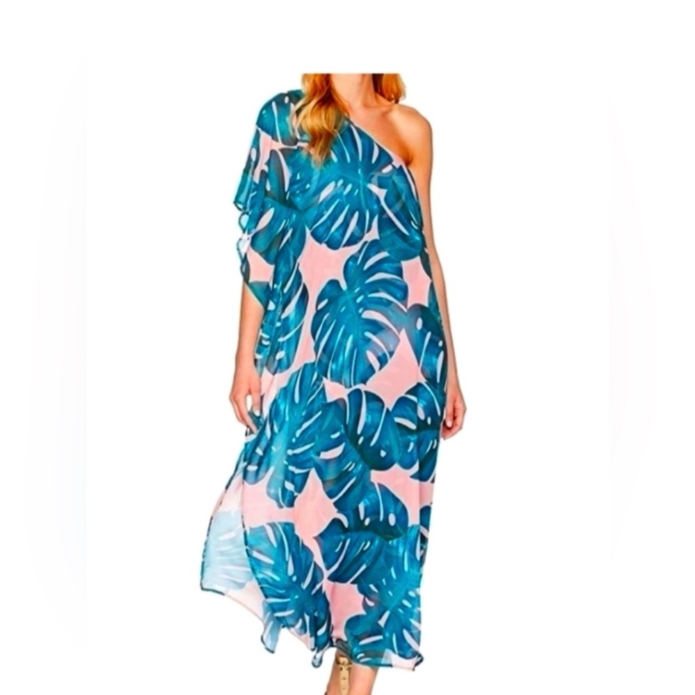 Show Me Your Mumu Dress Pink Green Palm Leaf Print Tropical Vacation Size Small
